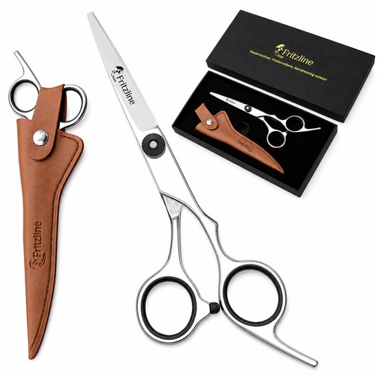 Fritzline-Friseurschere mit braunem Lederetui und schwarzer Geschenkbox
