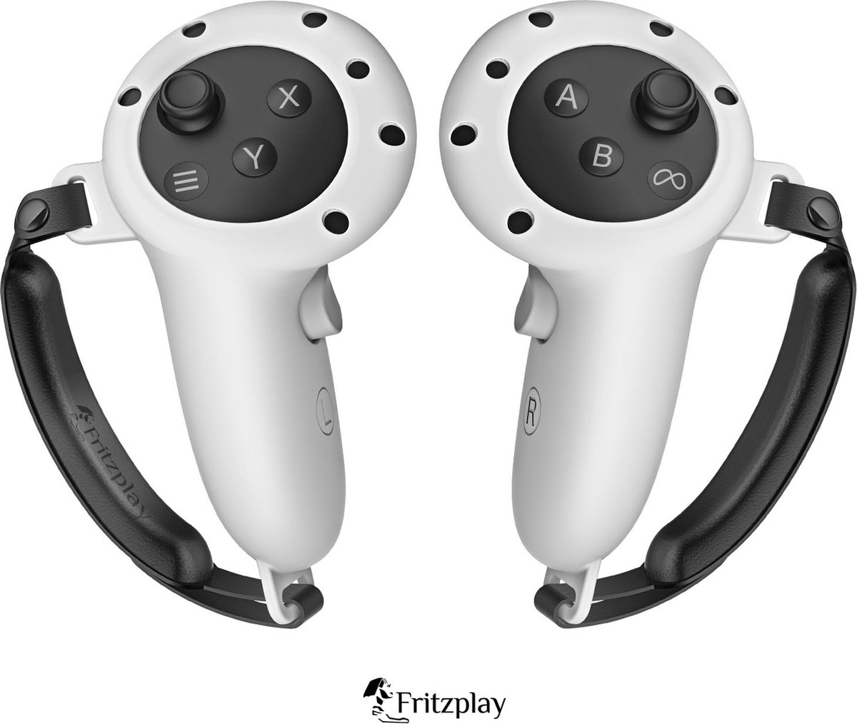 Schwarze Fritzplay-Handschlaufen an zwei Meta Quest 3-Controllern